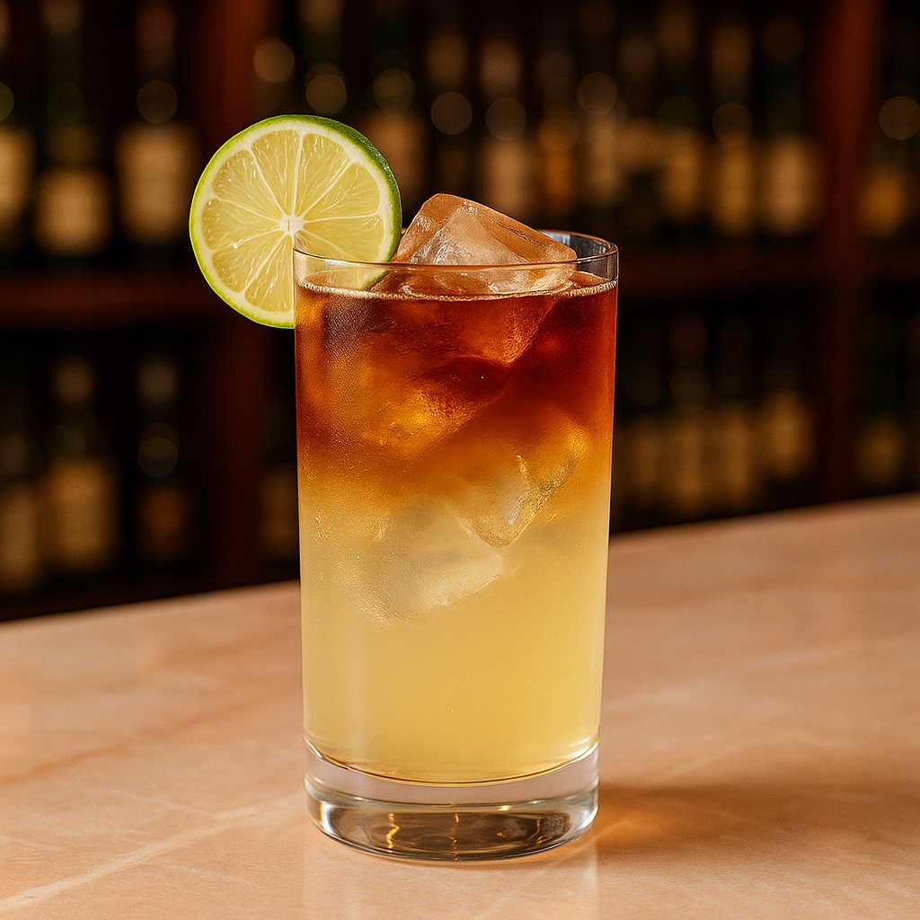 Dark 'n' Stormy cocktail with Gosling's rum, ginger beer, lime, and ice in a highball glass.
